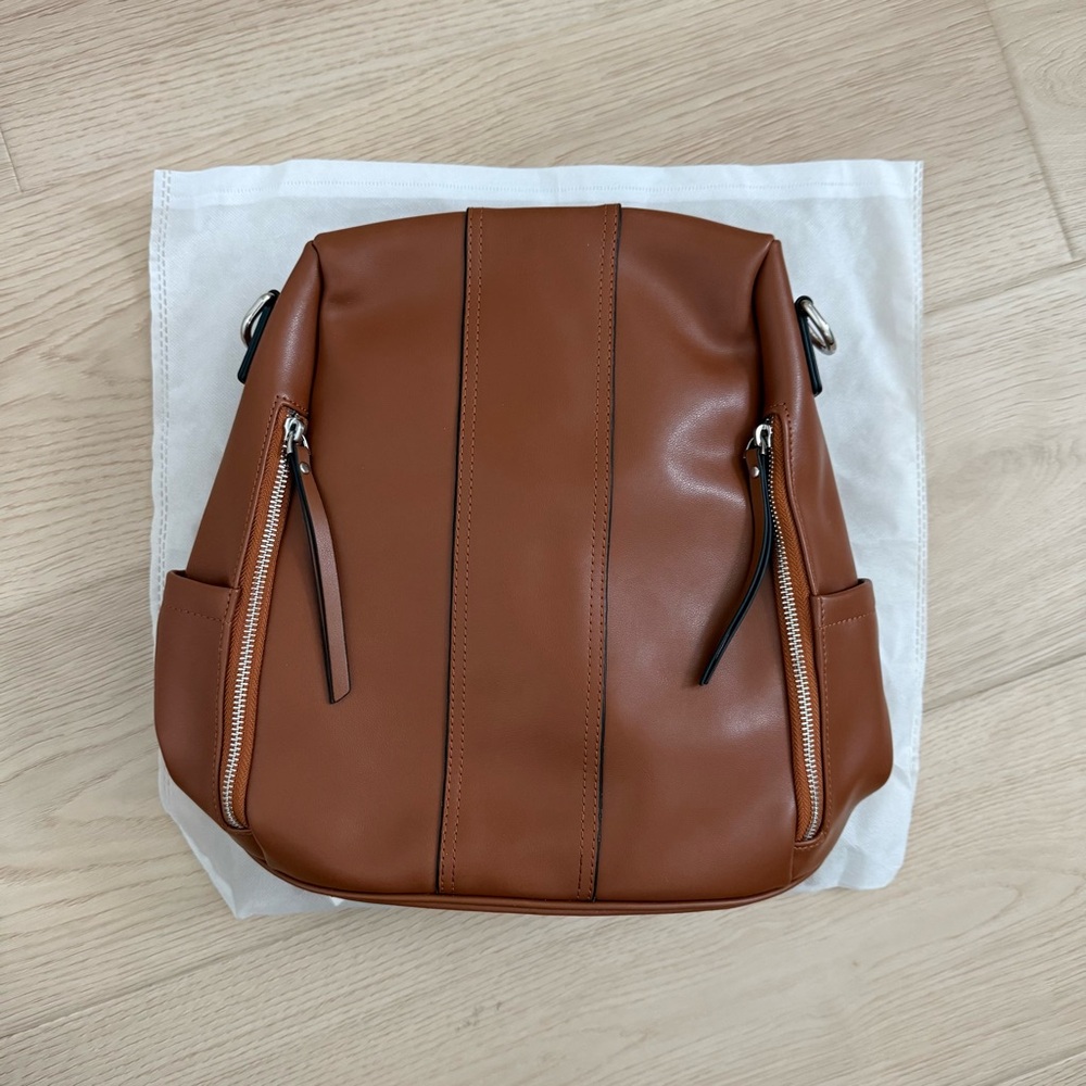 Brown Leather Backpack with Zipper Details
